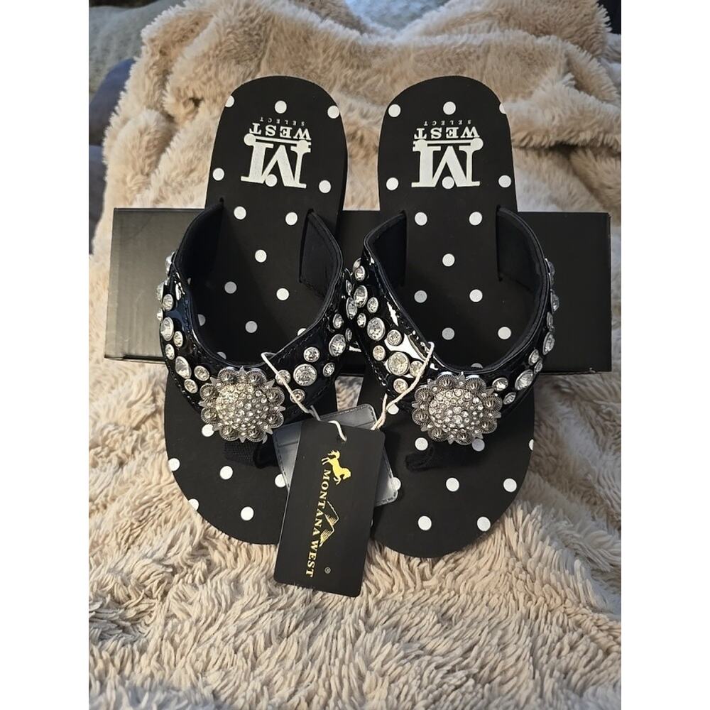 Montana West Select Womens Sz 7 Black Rhinestones Cowgirl Flip Flops Brand New